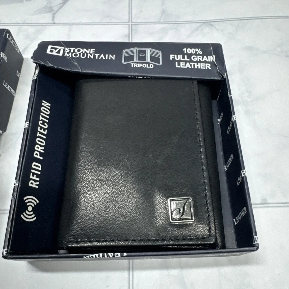 Stone Mountain Men's Leather Wallet Trifold - RFID Protection - Black New In Box